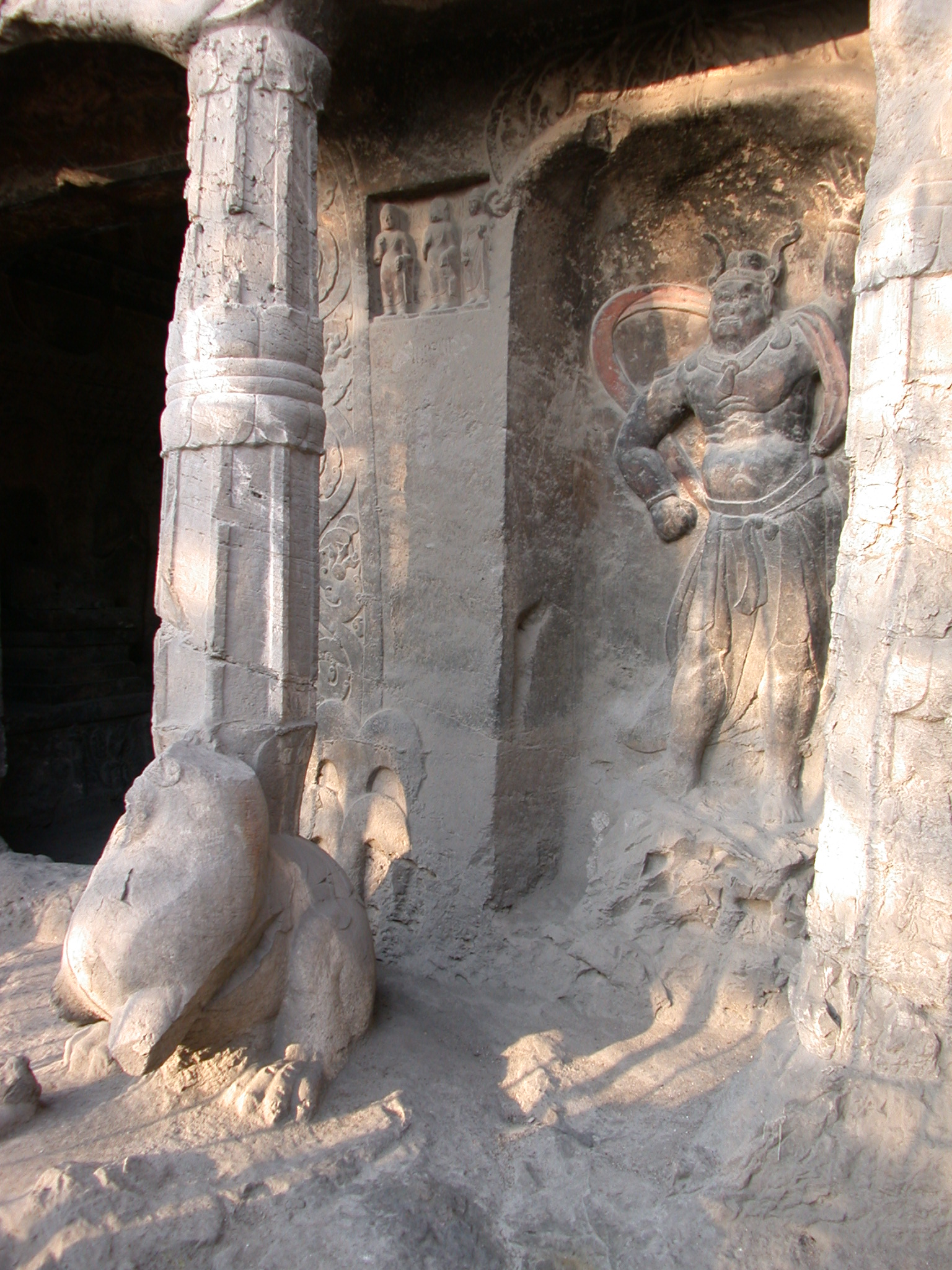 Xiangtangshan Cave 7 porch, guardian figure and column supported on lion